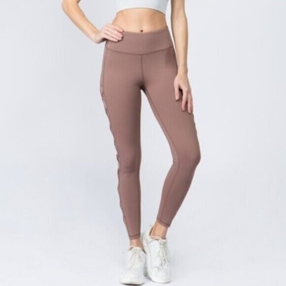 Yelete Active Womens Leggings Small Mauve Mesh Criss Cross Insert Full Length - Picture 2 of 9